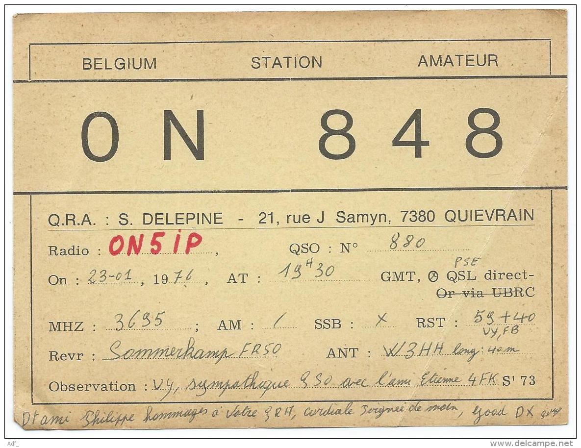 CARTE QSL BELGIQUE ON 848, RADIO AMATEUR, QUIEVRAIN, PROVINCE DE HAINAUT, BELGIUM - Radio Amateur