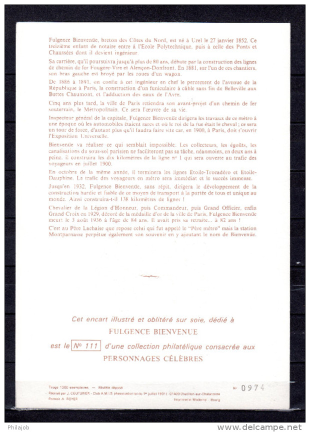 " METRO / FULGENCE BIENVENUE " Sur Encart 1er Jour N°té En Soie Rare (974/1300) De 1987 2 X N° YT 2452. Parf état. FDC - Tramways