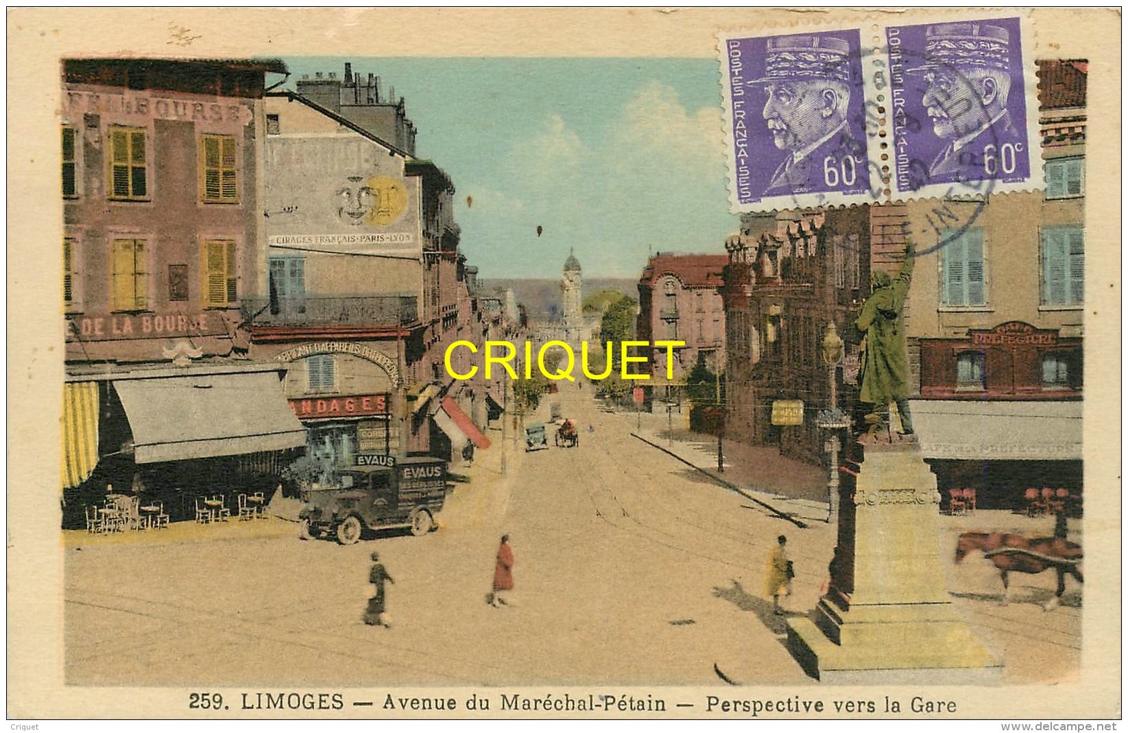87 Limoges, Avenue Pétain, Vieil Utilitaire Evaus...., Carte Colorisée Affranchie 2 Pétains 1942 - Limoges