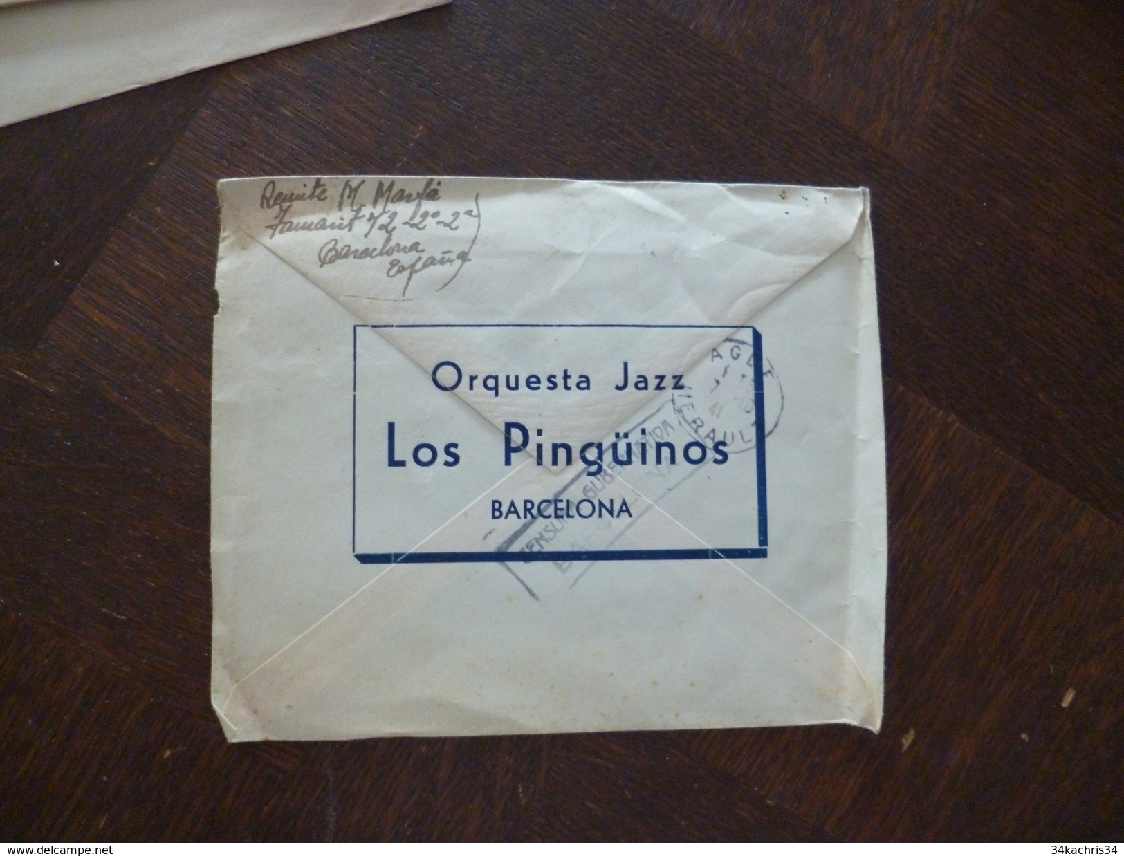 Lettre Guerre 39/45 2 TP Franco + Censura Militar Esparraguerra 1941 + Pub Orquestra Jazz Los Pinguinos Barcelona - Cartas & Documentos