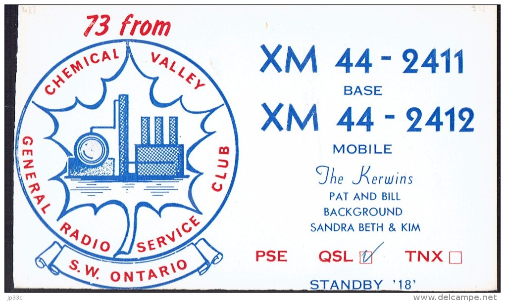 Old QSL Card From The Kerwins, Ceceil St. (The Chemical Valley, General Radio Service Club, SW Ontario) (1967) - CB