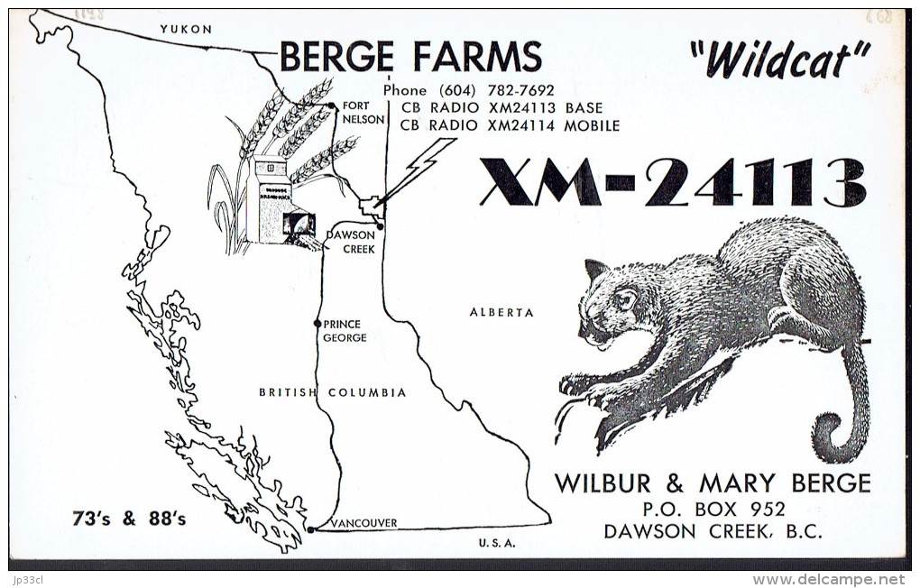 Chat, Wildcat On Old QSL Card From Wilbur & Mary Berge, Dawson Creek, BC, Canada (1968) - CB