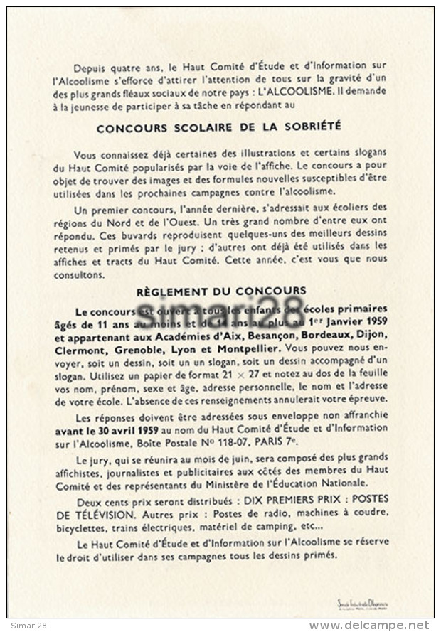 BUVARD - CONCOURS SCOLAIRE DE LA SOBRIETE 1959 - DESSIN DE CHANTAL DEMARAIS 14 ANS DE SAINT VICTOR LE GRAND (AVOCAT) - Autres & Non Classés