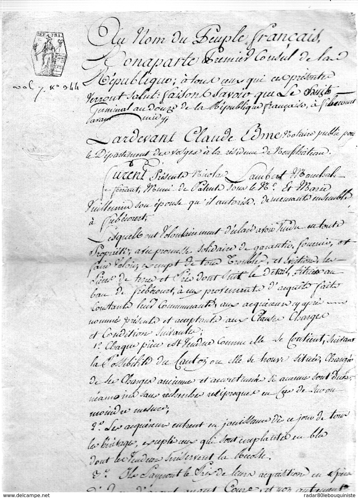 Nicolas Lambert,maréchal-ferrant Et Marie Vuillemin Son épouse.Demeurant à Frebécourt (Vosges) 17 Germinal An 12 - Historical Documents