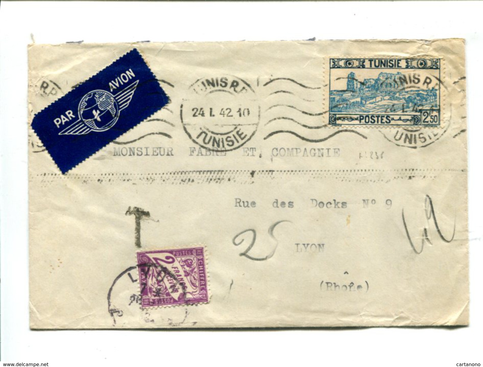 TUNISIE - Lettre Par Avion Affr. 2.50 Pour La France + TP Taxe 2 Francs Percevoir Violet 24.1.42 - Lettres & Documents