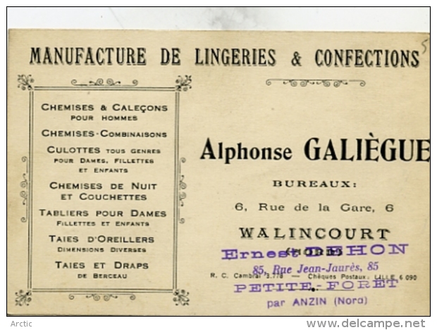 Manufacture De Lingeries & Confections Alphonse GALIEGUE Rue De La Gare WALINCOURT - Cartoncini Da Visita