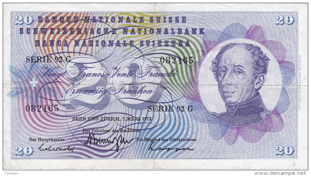 BILLETE DE SUIZA DE 20 FRANCS DEL AÑO 1973 (BANKNOTE) - Suiza