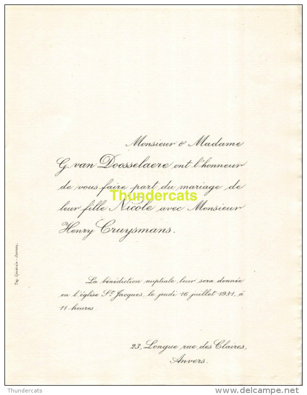 VAN DOSSELAERE CRUYSMANS ANVERS 1931 - Mariage