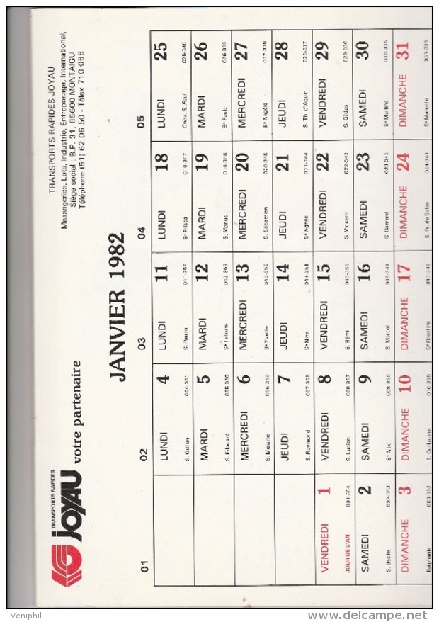 CALENDRIER PUBLICITAIRE ILLUSTRE DE 12 DESSINS HUMORISTIQUES- 1982 - TRANSPORTS JOYAU - - Groot Formaat: 1981-90