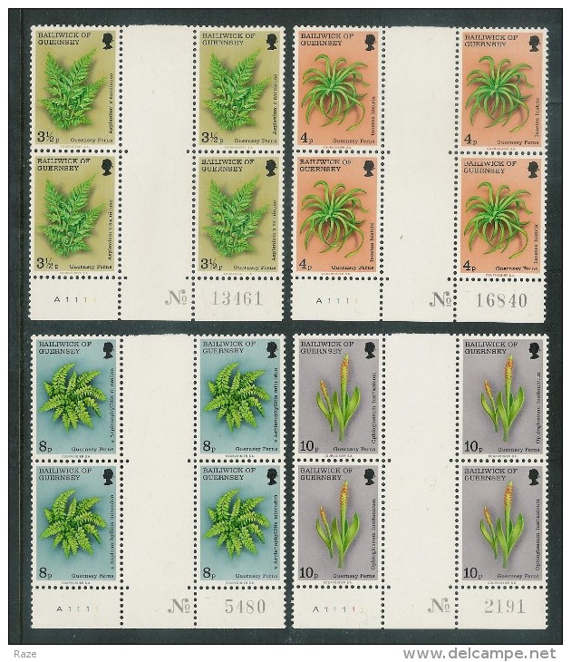 GUERNSEY 1975 FERNS Gutter Pair Cylinder (A) Blocks Of 4 SET Of 4  Unmounted Mint - Guernesey