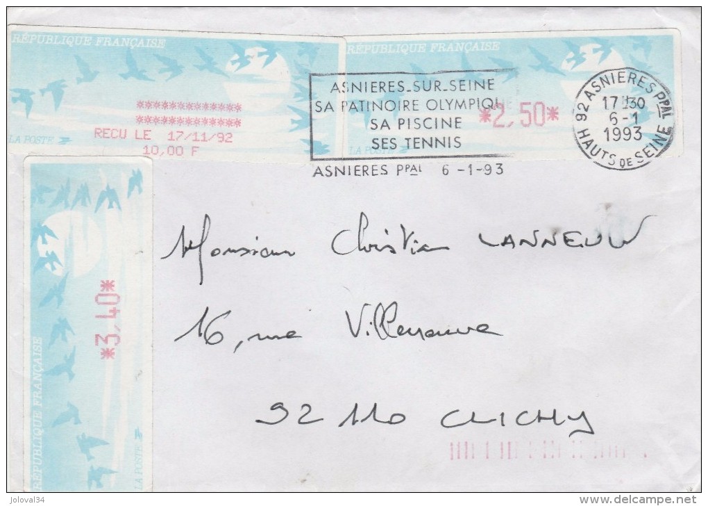 Lettre Asnières  6/1/1993 Avec Vignette ( 3,40 Et 2,50 ) Et Reçu ( 10,00 ) Distributeur LISA Pour Clichy - Briefe U. Dokumente