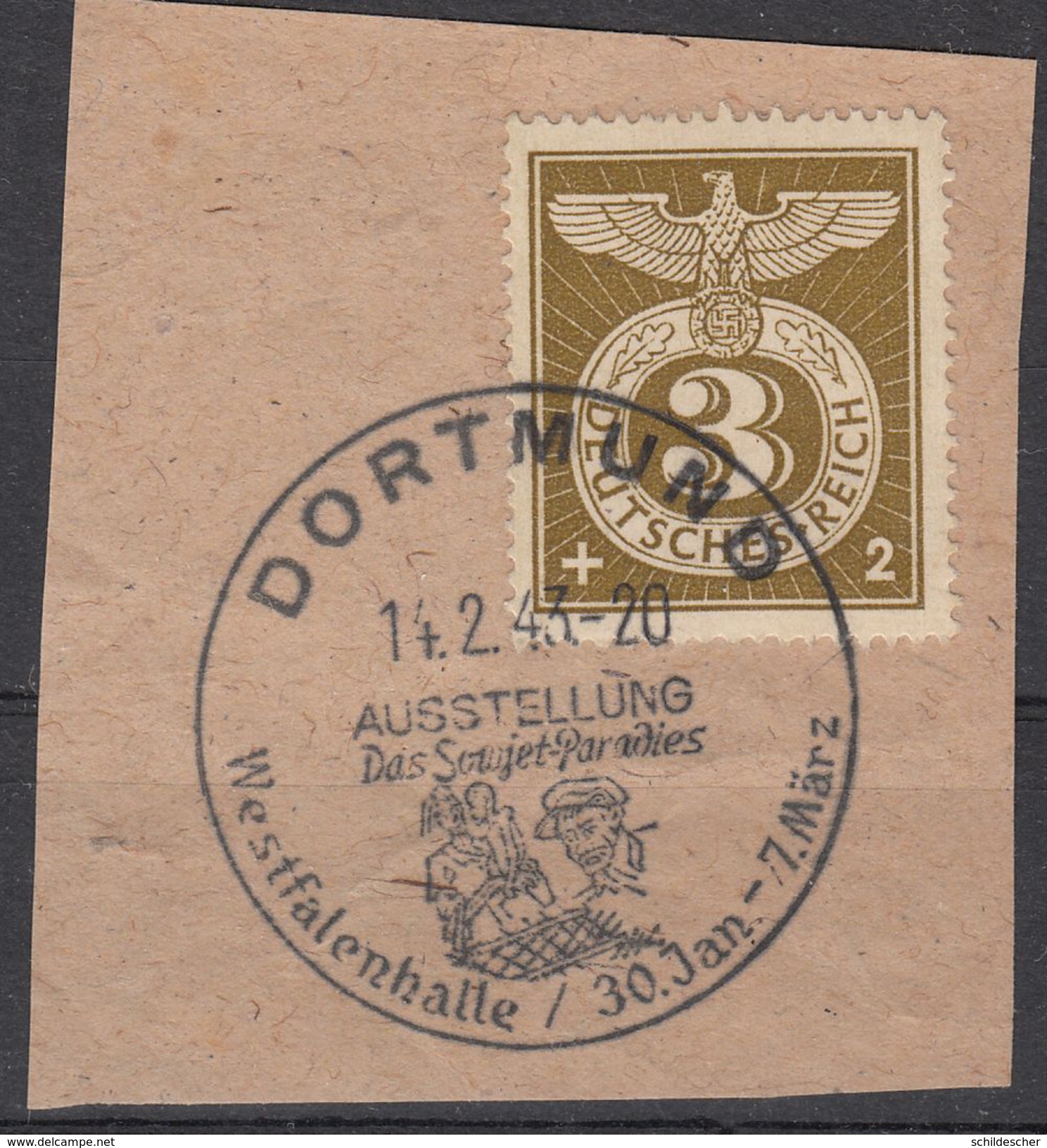DR, 830, Sonderstempelmarke, Briefstück, Dortmund, So-Stempel, Das Sowjet- Paradies 14.2.43 - Gebraucht