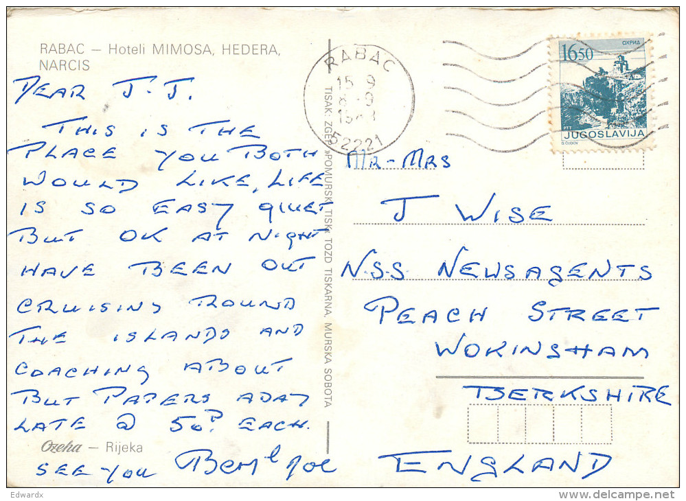 Hotel Mimosa, Rabac, Croatia Postcard Posted 1983 Stamp - Croatie