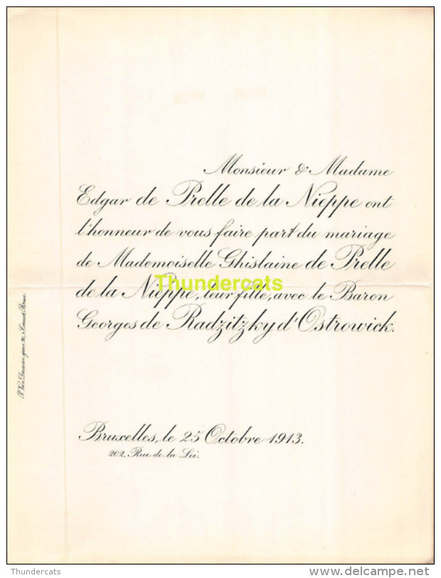 EDGARD DE PRELLE DE LA NIEPPE GHILAINE GEORGES DE RADZITZKY D OSTROWICK BRUXELLES 1913 - Mariage