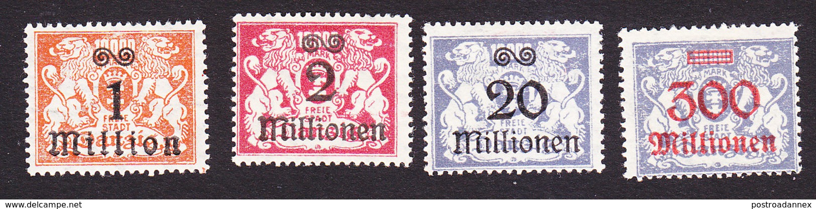 Danzig, Scott #144-145, 149, 154, Mint Hinged, Coat Of Arms Surcharged, Issued 1923 - Other & Unclassified