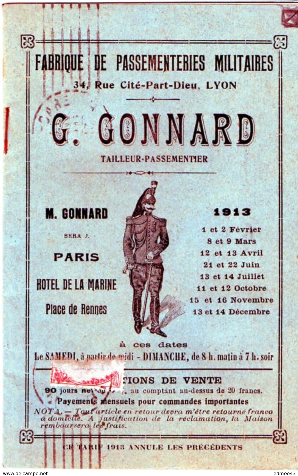 Rare Petit Catalogue (tarifs) G. Gonnard, Fabrique De Passementeries Militaires, Paris, 1913 - Francia