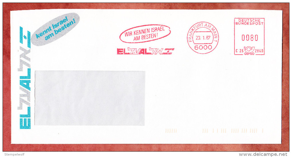 Brief, Hasler C26-2840, Wir Kennen Israel.. El Al, 80 Pfg, Frankfurt 1987 (33372) - Macchine Per Obliterare (EMA)