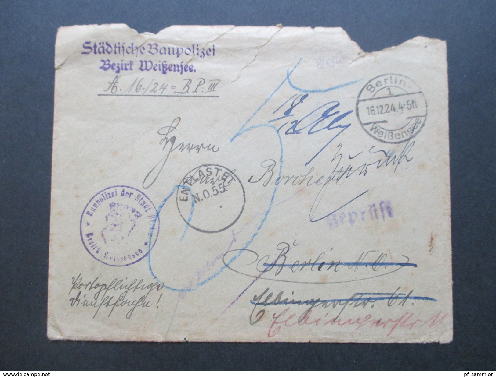 DR 1924 Städtische Baupolizei Berlin Bezirk Weißensee. Stempel: Geprüft Und Entlastet No 55. Nachporto / Weitergeleitet - Briefe U. Dokumente