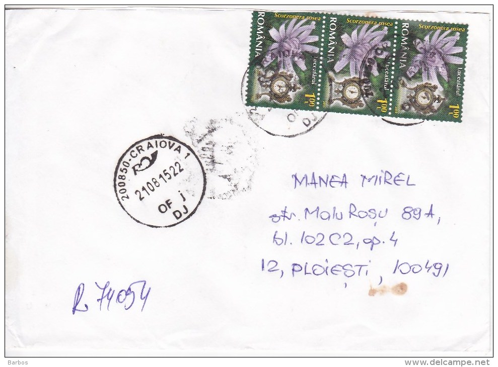 Romania   , 2015 , Flowers ;  Clock  ; Used Cover - Storia Postale