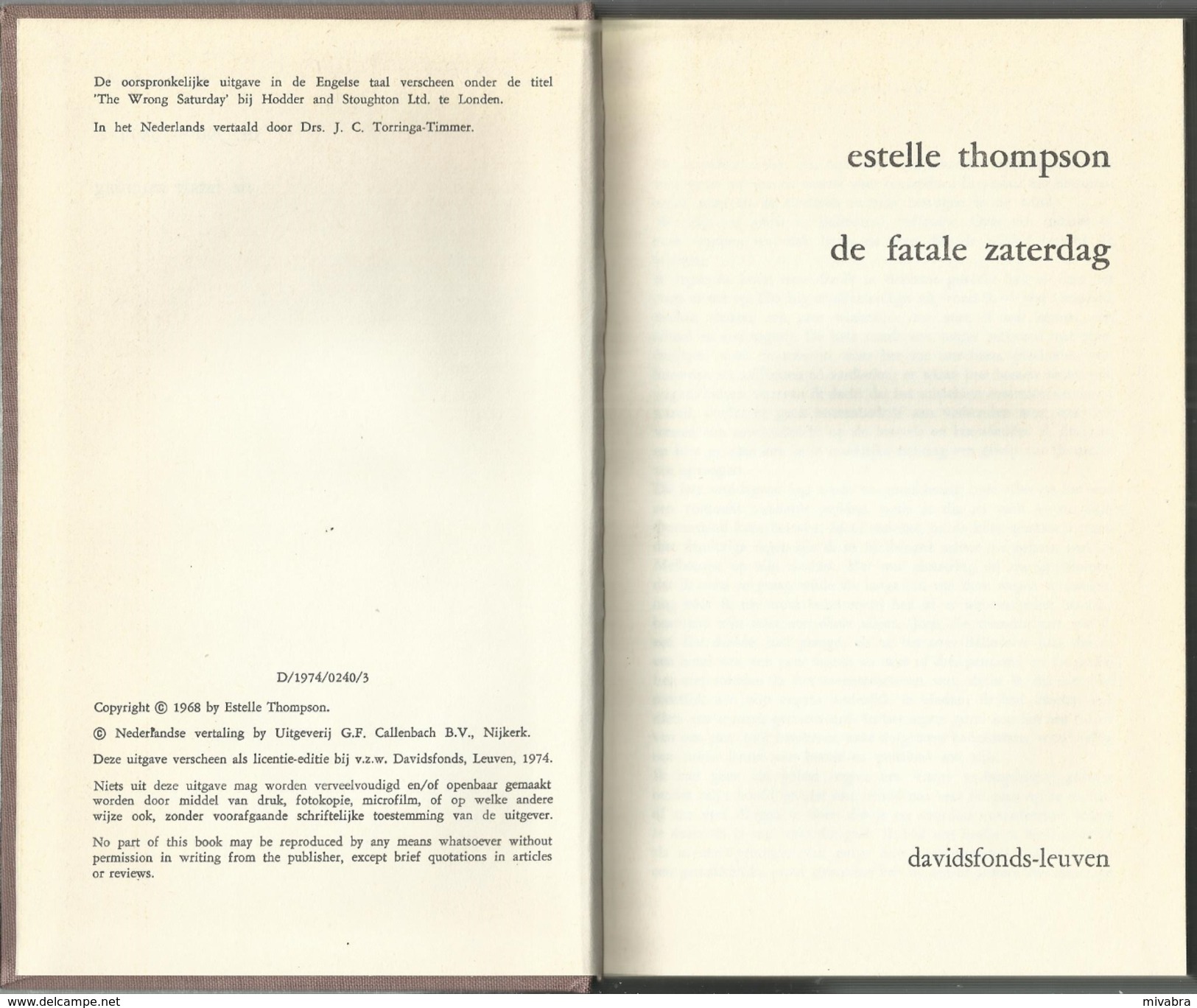 ESTELLE THOMPSON - DE FATALE ZATERDAG - BEIAARD REEKS DAVIDSFONDS LEUVEN Nr. 590 - 1974-3 - Horror En Thrillers