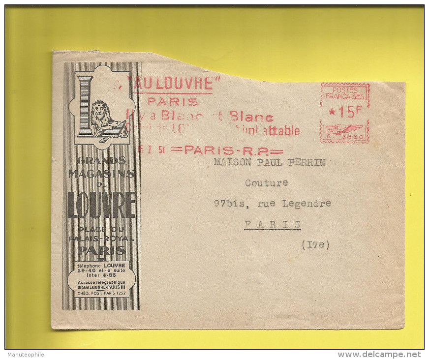 Enveloppe Ou Lettre Publicitaire Commerciale De PARIS Grands Magasins Du LOUVRE  Machine Affranchir  C.3850 15 01 51 - 1921-1960: Période Moderne