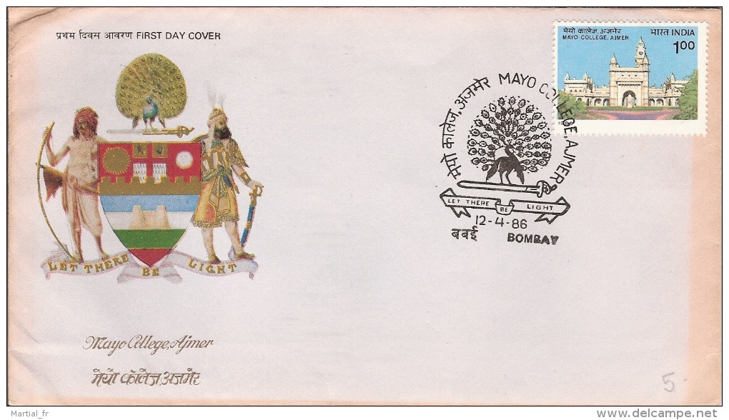 INDE INDIA PAON QUEUE MAYO COLLEGE AJMER FDC 1986 BOMBAY ARCHITECTURE PAUW PFAU  PEACOCK PAVONE PAVO PAVAO - Pfauen