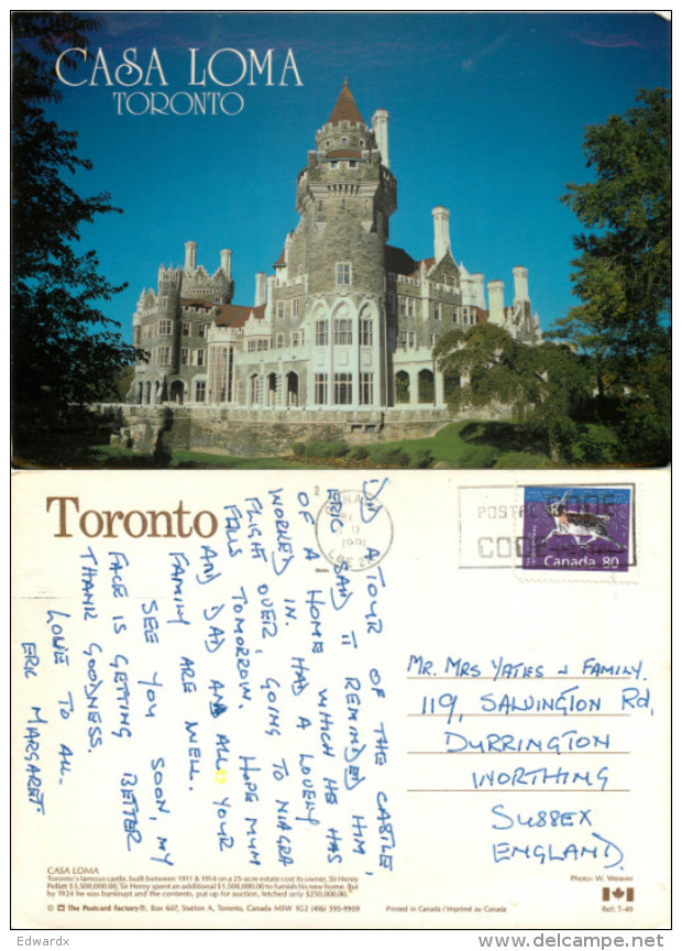 Casa Loma Castle, Toronto, Ontario, Canada Postcard Posted 1991 Stamp - Toronto