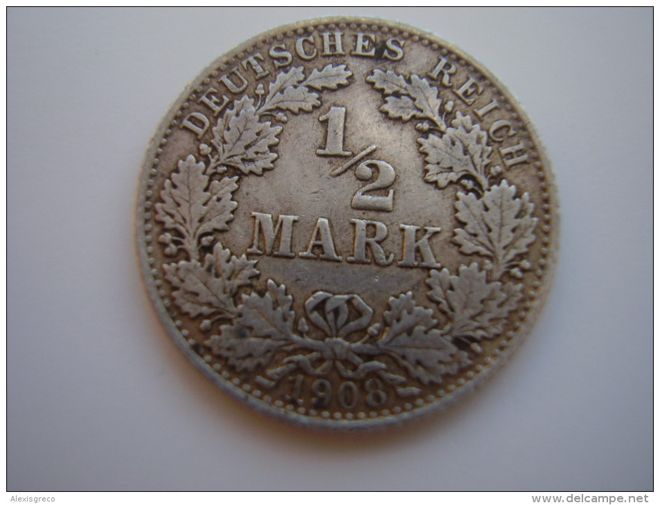 GERMANY 1908 HALF MARK MINTMARK A USED SILVER COIN.(Ref:HG23) - 1/2 Mark