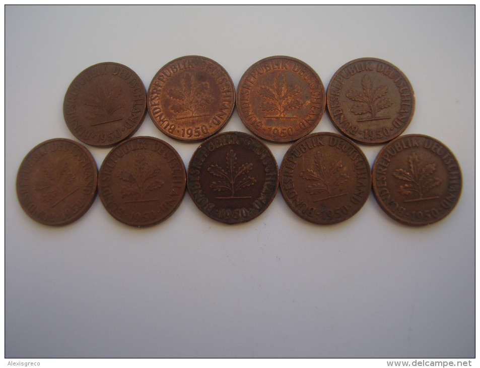 GERMANY 1950 ONE PRENNIG NINE USED COINS Copper Plated Steel Various Mintmarks.(Ref:HG21) - 1 Pfennig