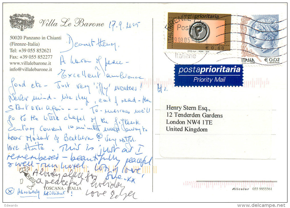 Villa Le Barone, Panzano In Chianti, FI Firenze, Italy Postcard Posted 2004 Stamp - Firenze