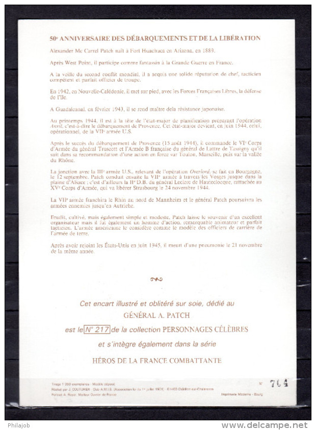 " GENERAL PATCH "  Sur Encart 1er Jour N°té / Soie (764/1350) Edit° A.M.I.S. De 1994. 4 X N° YT 2895. Parf état FDC - Militares