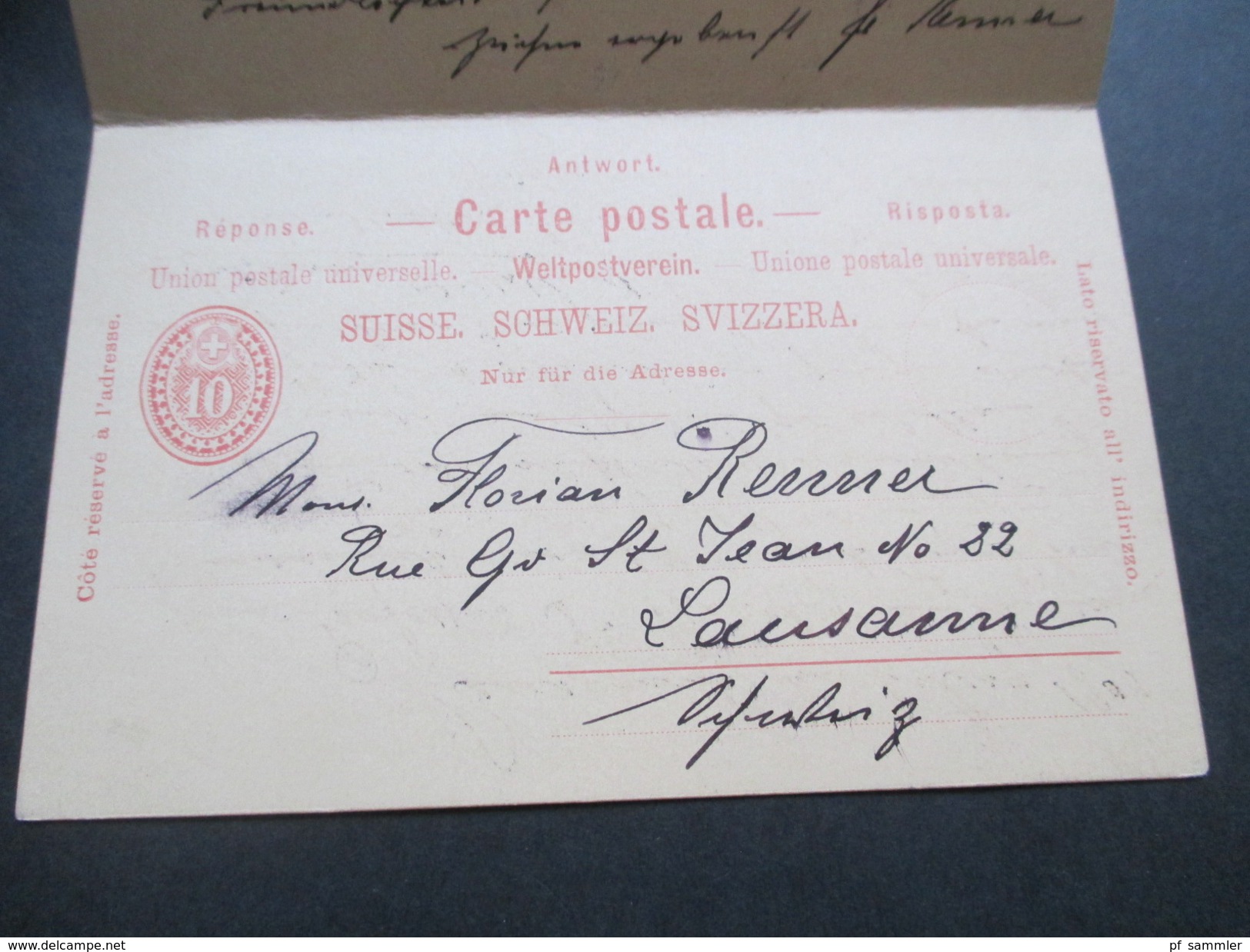 Schweiz Ganzsache P29 Frage / Antwort 1898 Lausanne - Karlsbad. Strichstempel. Mit handschriftlichem Vermerk