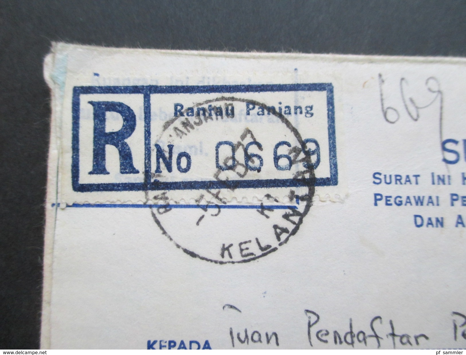 Asien Malaysia Registered Letter R Raniau Paniang No 0669 Nach Kuala Lumpur. Kelantan. 5 Stempel! - Malasia (1964-...)