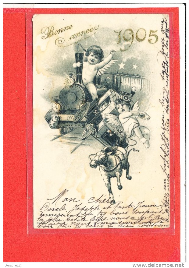 BONNE ANNEE 1905 Cpa Animée Avec Ange Train - Angeles