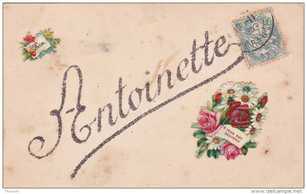 ¤¤  -   Carte à Système à Paillettes Avec Découpis   -  Prénom " ANTOINETTE "  -   Fleurs    -  ¤¤ - Prénoms