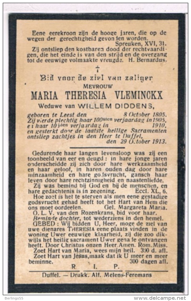 100 Jarige. Dp. Vleminckx Maria. Wed. Diddens Willem. ° Leest 1805 † Duffel 1913  (2 Scan´s) - Religion & Esotérisme