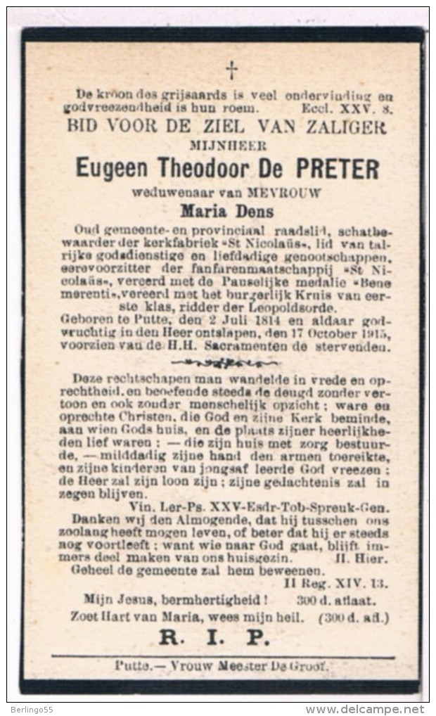 100 Jarige. Dp. De Preter Eugeen. Wed. Dens Maria. ° Putte 1814 † Putte 1915  (2 Scan´s) - Religion & Esotérisme