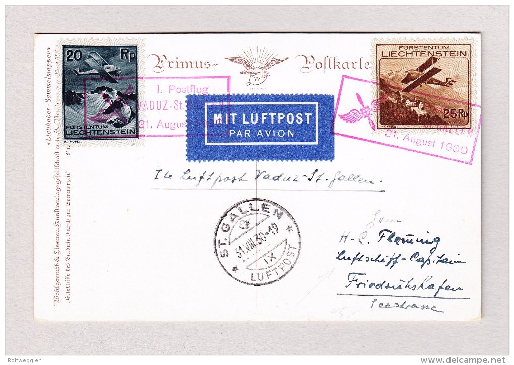 Liechtenstein 31.8.1930 1.Postflug Vaduz-St.Gallen Ansichtskarte Nach Friedrichshafen An Luftschiff Kapitän - Poste Aérienne