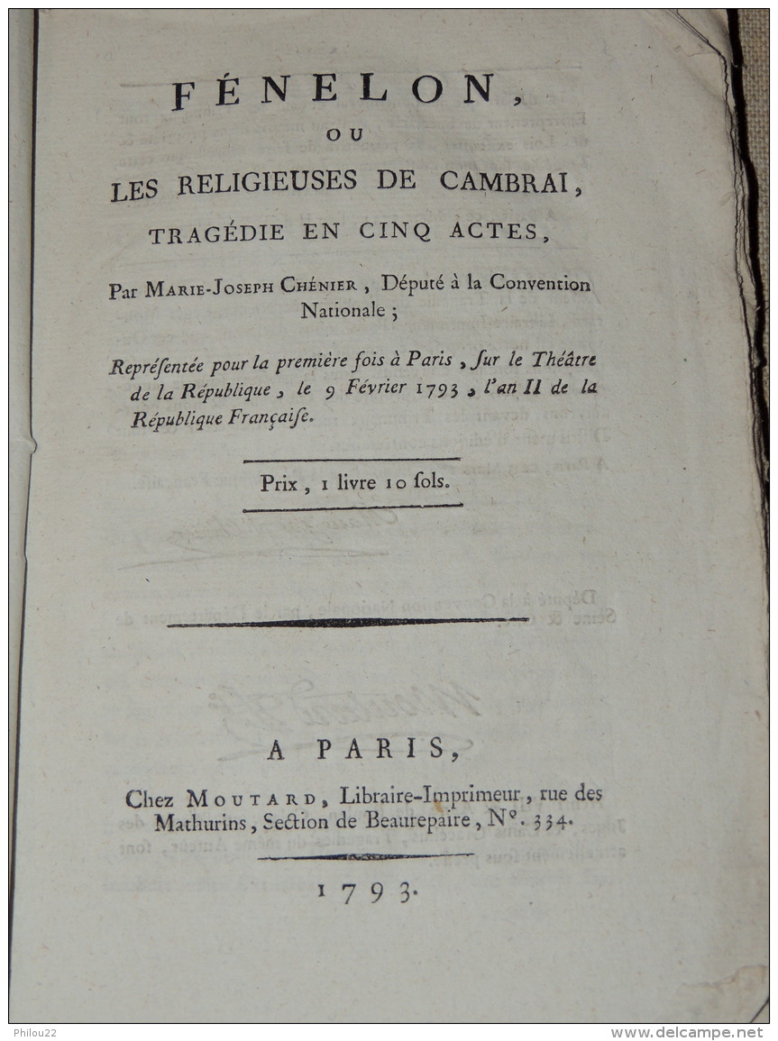 MARIE-JOSEPH CHENIER - &lrm;FENELON OU LES RELIGIEUSES DE CAMBRAI - E.O 1793 THEATRE - 1701-1800