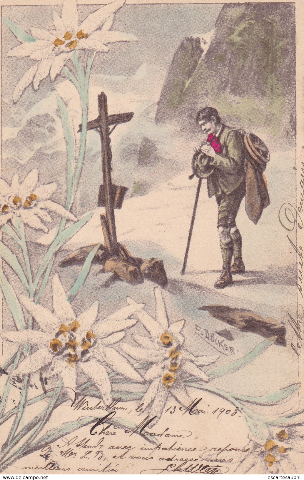 Illustration Doecker Alpiniste Prie Au Pied D Une Croix Edelweiss 1903 - Döcker, E.