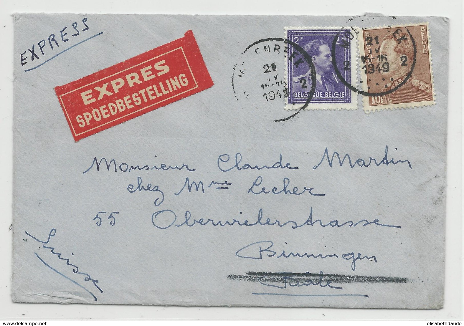 BELGIQUE - 1949 - ENVELOPPE Par EXPRES De MOLENBEEK  Pour BINNINGEN (SUISSE) - Cartas & Documentos