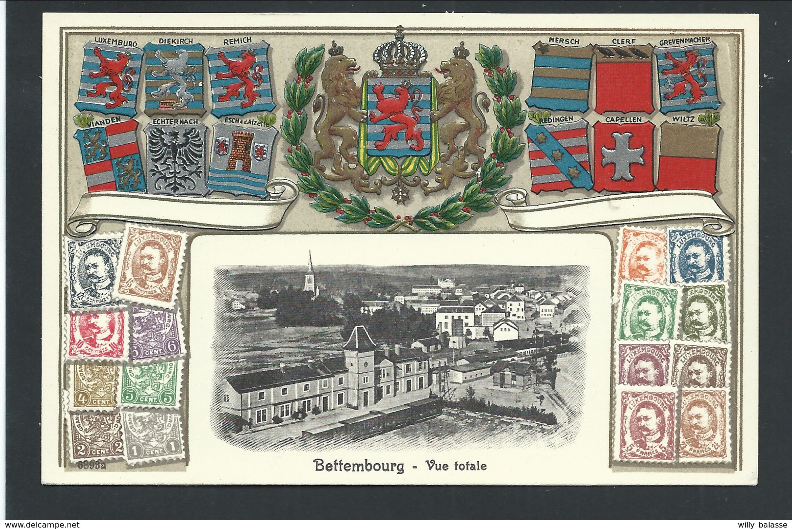 +++ CPA - LUXEMBOURG - LUXEMBURG - BETTEMBOURG - Vue Totale - Carte Fantaisie - Ecusson Blason Relief - Fond Argenté  // - Bettembourg