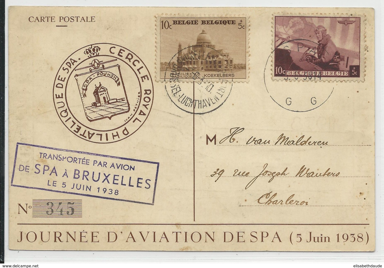 BELGIQUE - 1938 - CARTE POSTE AERIENNE De La JOURNEE D'AVIATION De SPA à BRUXELLES Pour CHARLEROI - Andere & Zonder Classificatie