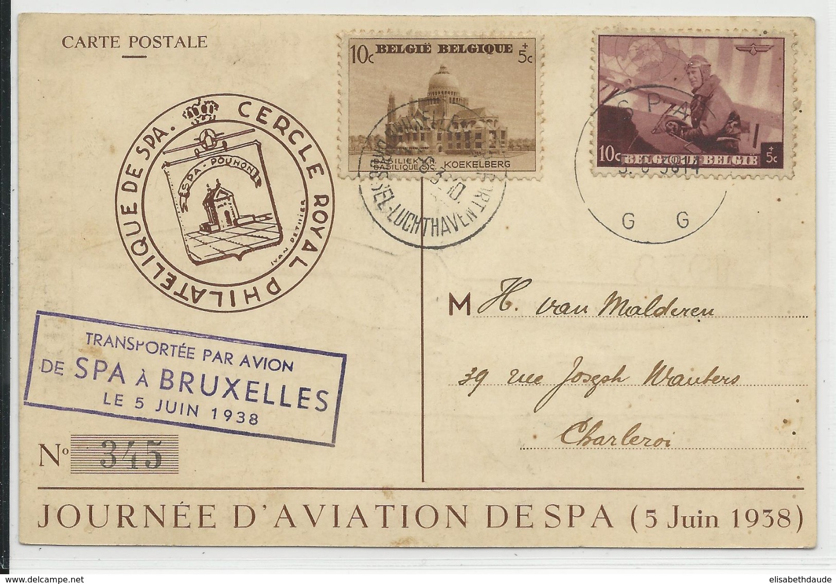 BELGIQUE - 1938 - CARTE POSTE AERIENNE De La JOURNEE D'AVIATION De SPA à BRUXELLES Pour CHARLEROI - Other & Unclassified