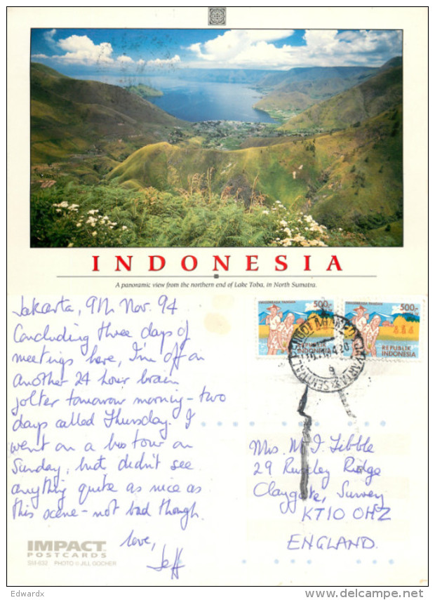 Lake Toba, Sumatra, Indonesia Postcard Posted 1994 Stamp - Indonesia