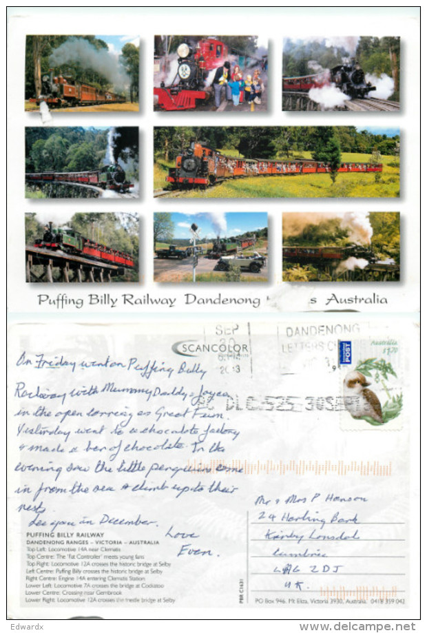 Puffing Billy Railway, Dandenong, Victoria, Australia Postcard Posted 2013 Stamp - Autres & Non Classés