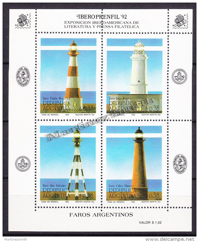 Argentina 1992 Yvert BF 54, Iberoprenfil '92, Argentina Lighthouses - MNH - Nuovi