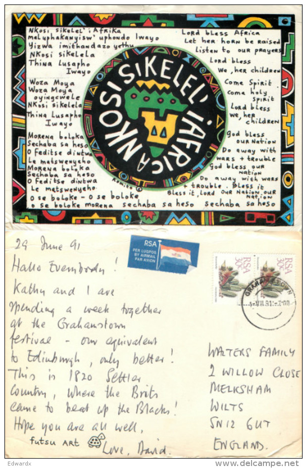 National Anthem, South Africa Postcard Posted 1991 Stamp - Südafrika