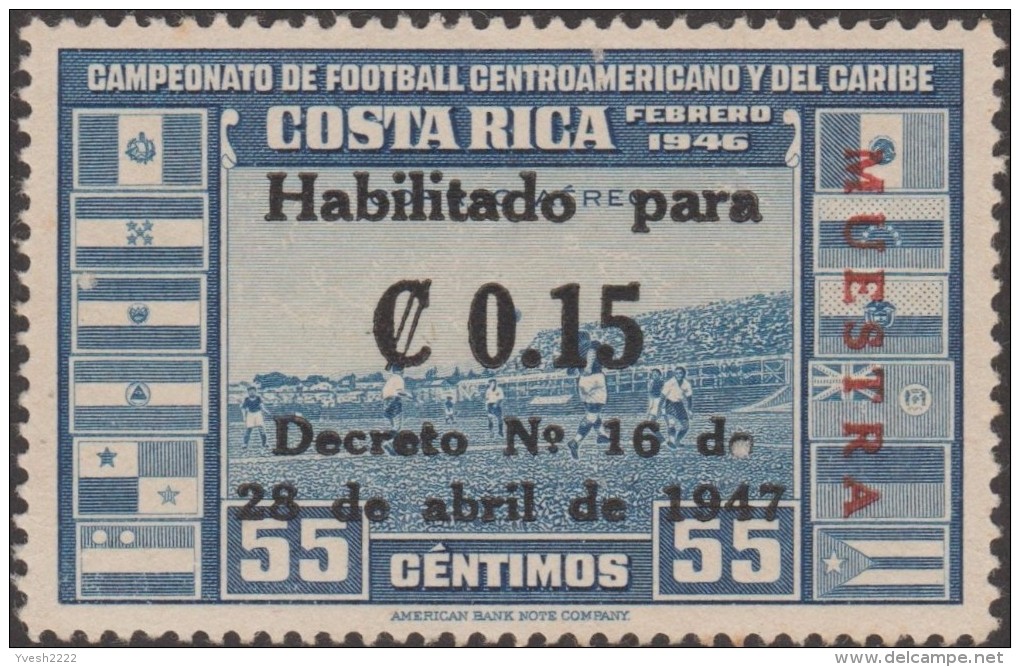 Costa Rica 1947 Y&T PA 143/5 Michel 383/5. Surchargés Muestra, Spécimen.  Stade National De Football De San José - Coupe D'Amérique Du Sud Des Nations