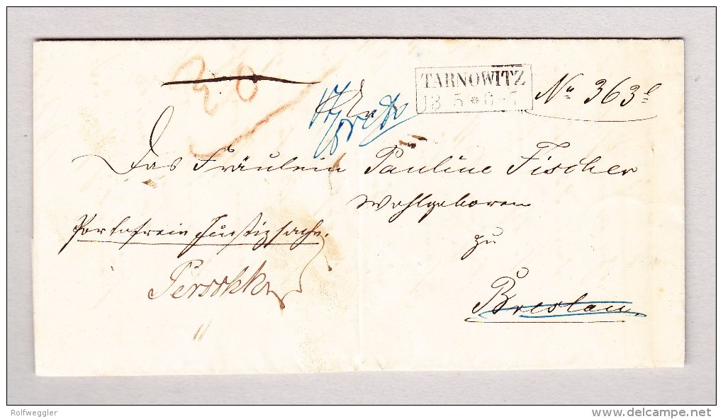 Polen TARNOWITZ 13.5 Im Kasten (1857) Brief Nach Breslau Weitergeleitet Nach Augsburg - ...-1860 Prephilately